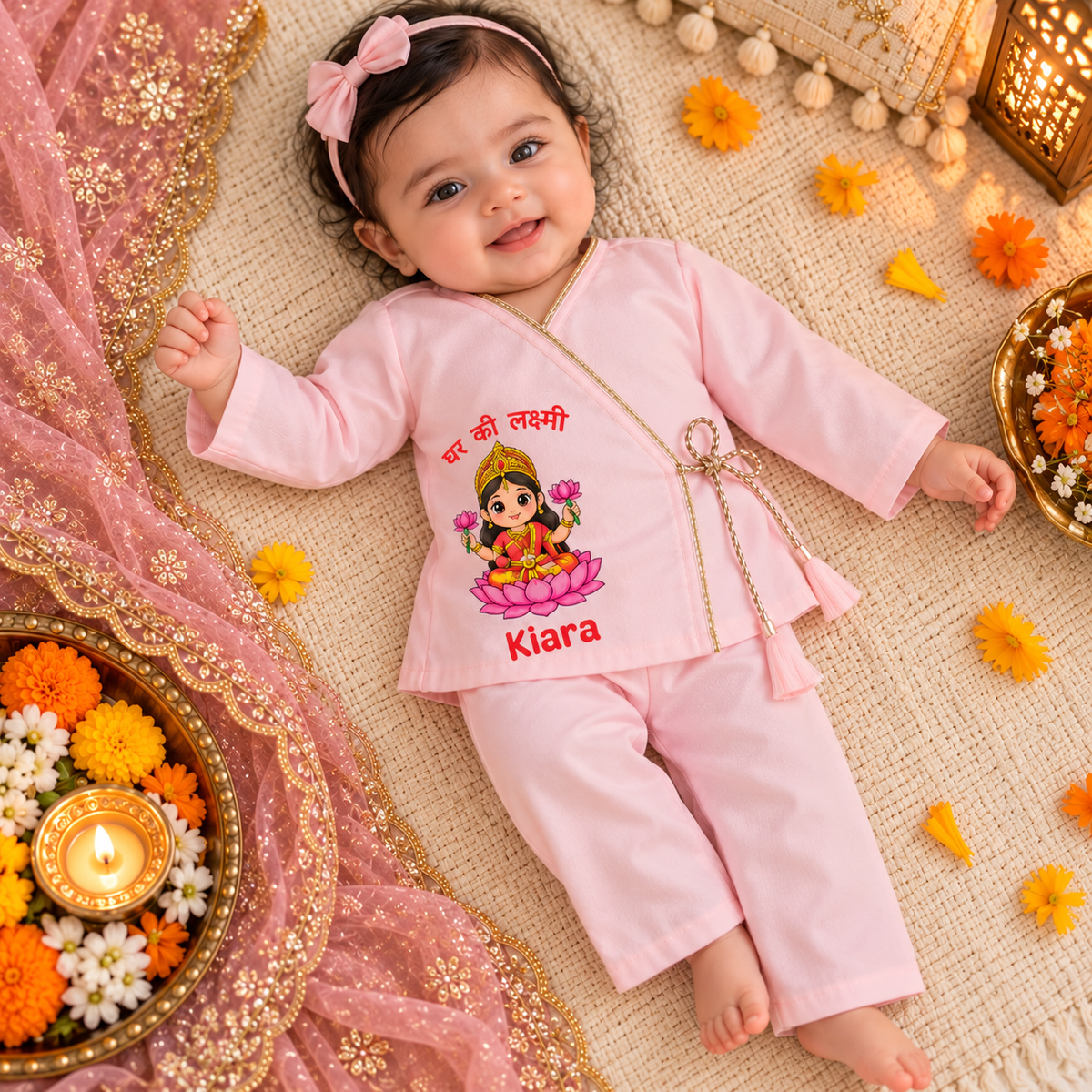 A baby girl wearing a pink traditional Indian outfit with a cartoon graphic of a girl on a lotus flower and the name 'Kiara' printed on the front. The outfit consists of a long-sleeve top and matching pants, styled in a festive flat-lay setting with decorative flowers, a pink dupatta, and a pink bow.
