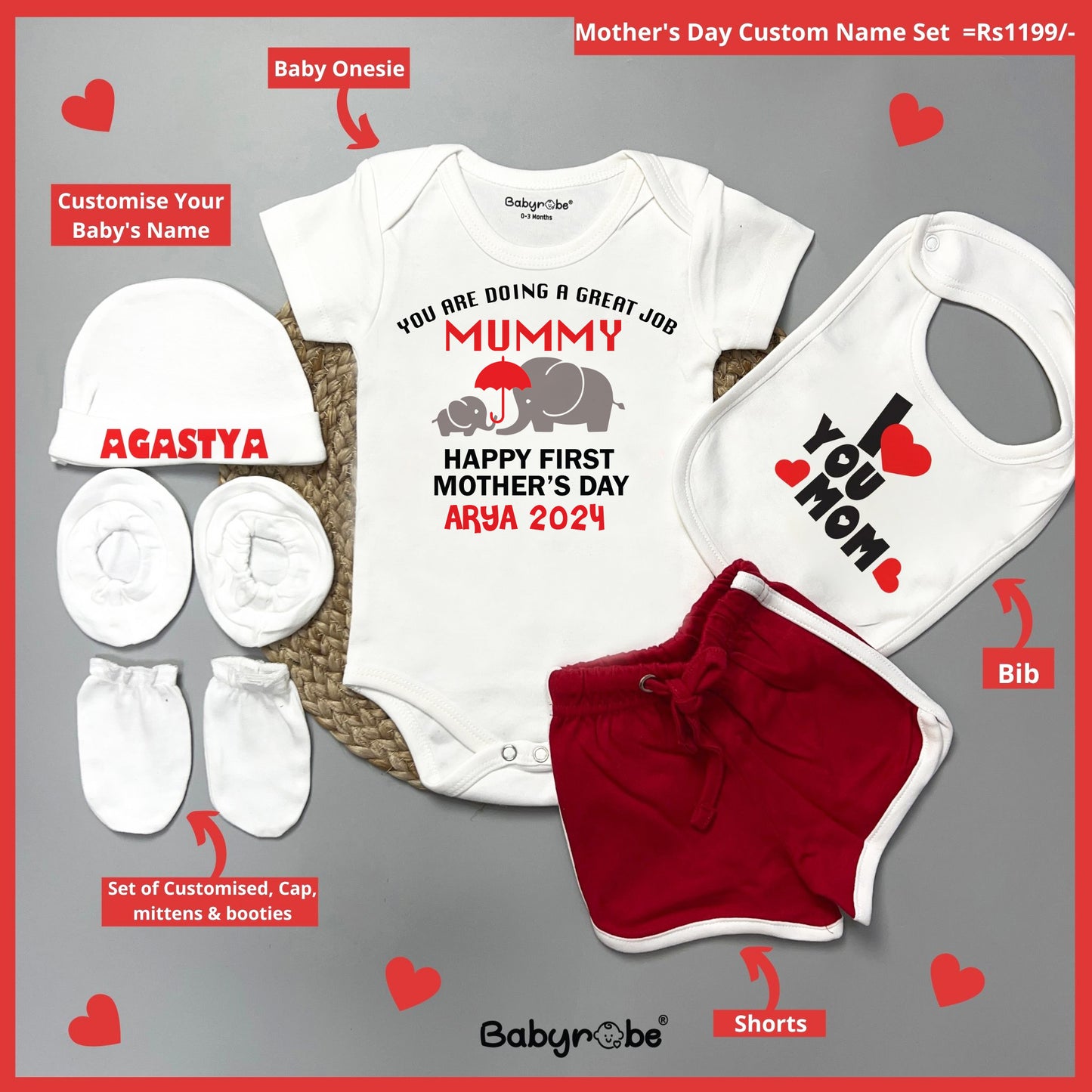 Romper +Short ( cap set +bib) ,ustomizable Mother's Day baby onesies with personalized names, perfect for celebrating a special first Mother's Day."