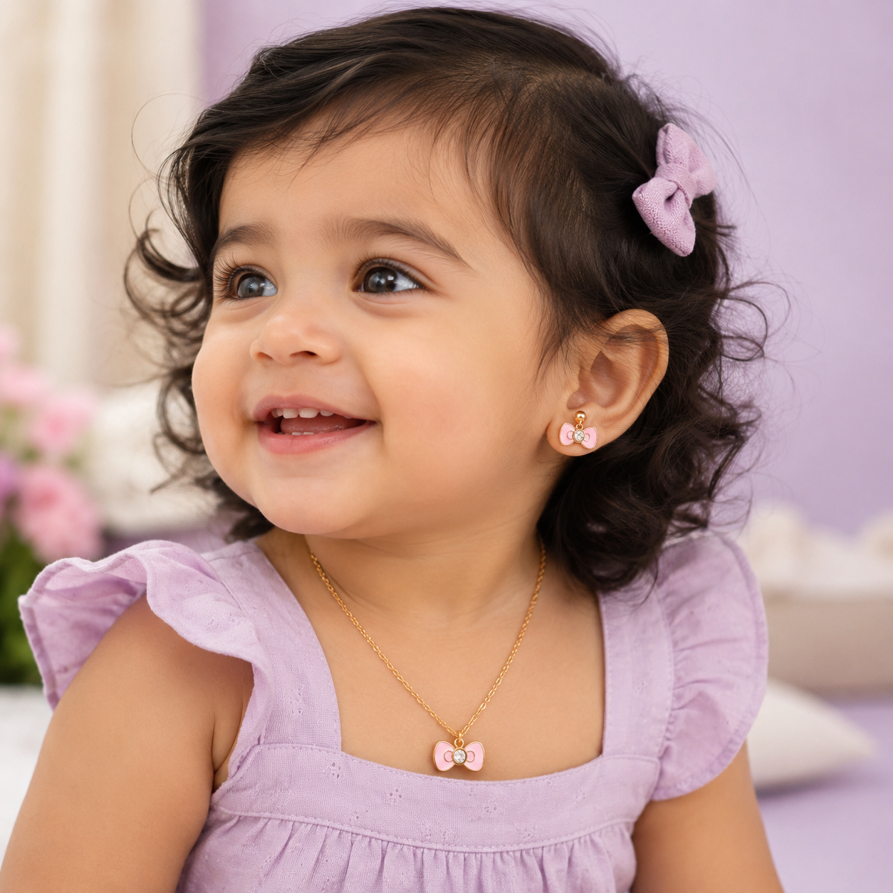 Pink Enamel Bow Toddler Pendant Set | 18K Gold Plated