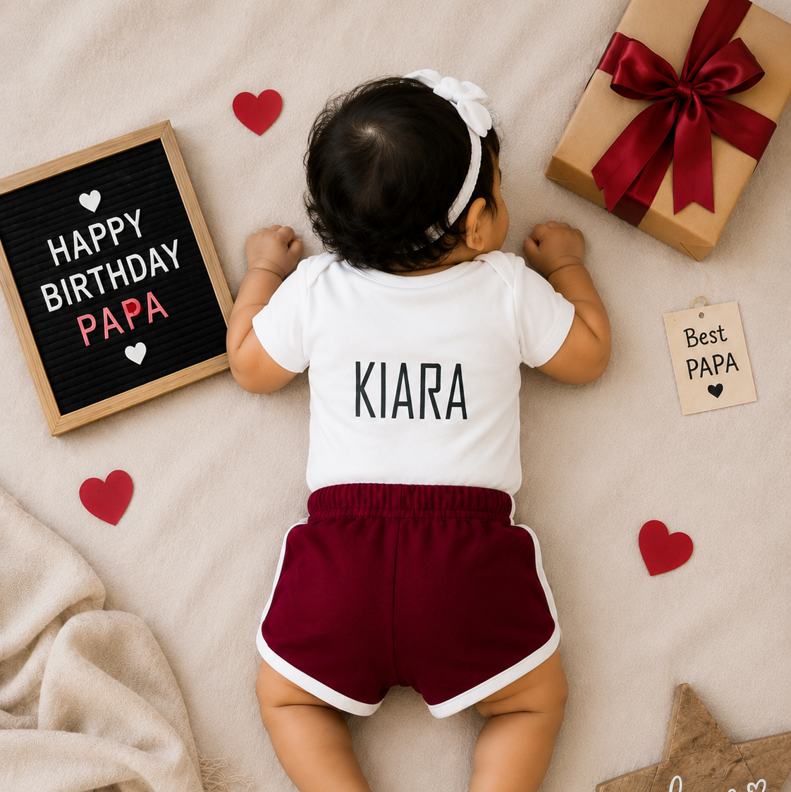 Baby lying on a beige blanket with 'Happy Birthday Papa' sign, red hearts, and gift box.