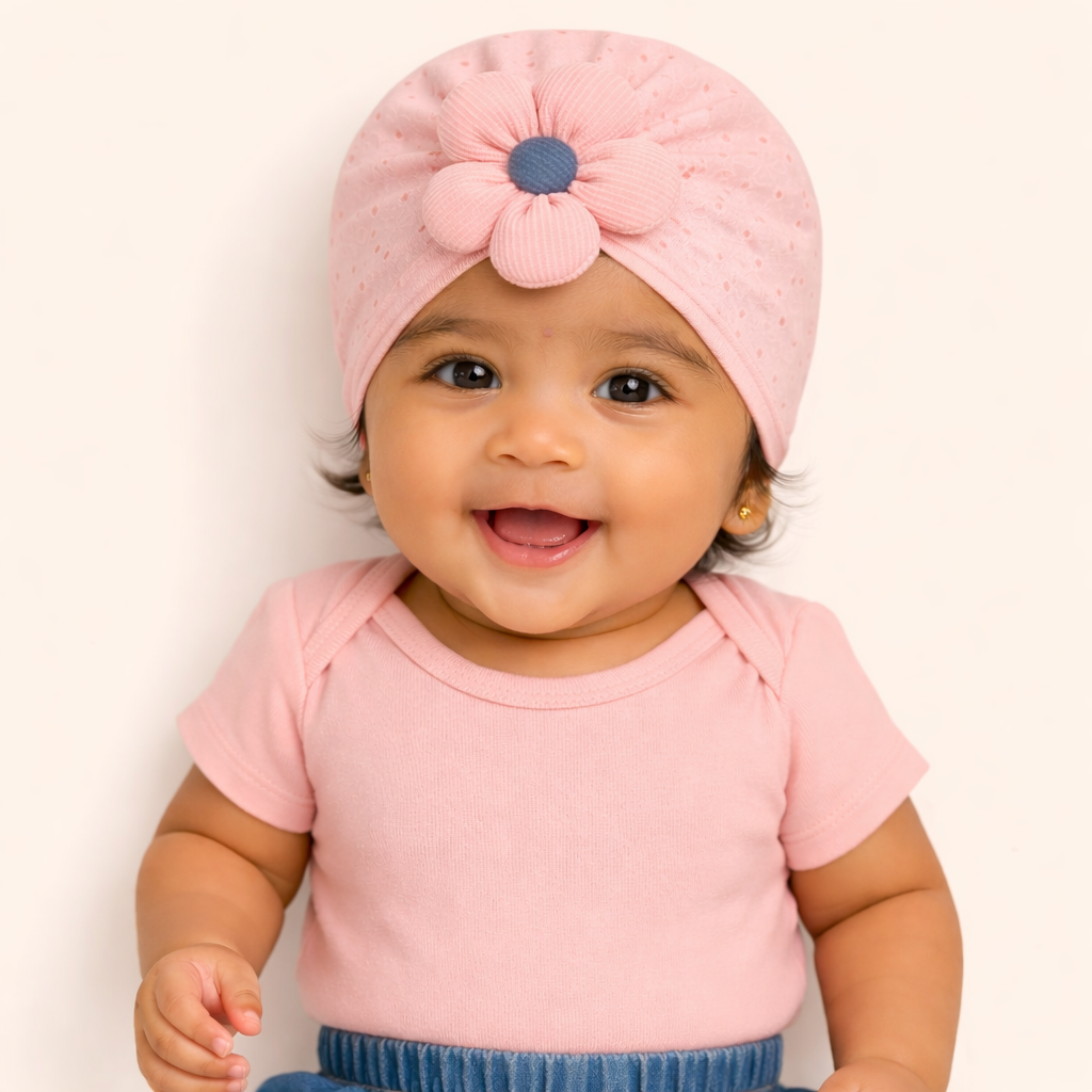 Baby wearing a pink turban with a flower and a matching pink shirt on a white background