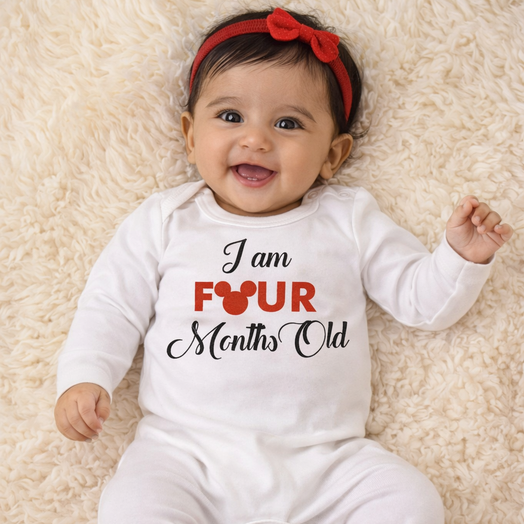 Baby wearing a white onesie with 'I am four months old' text on a beige carpet