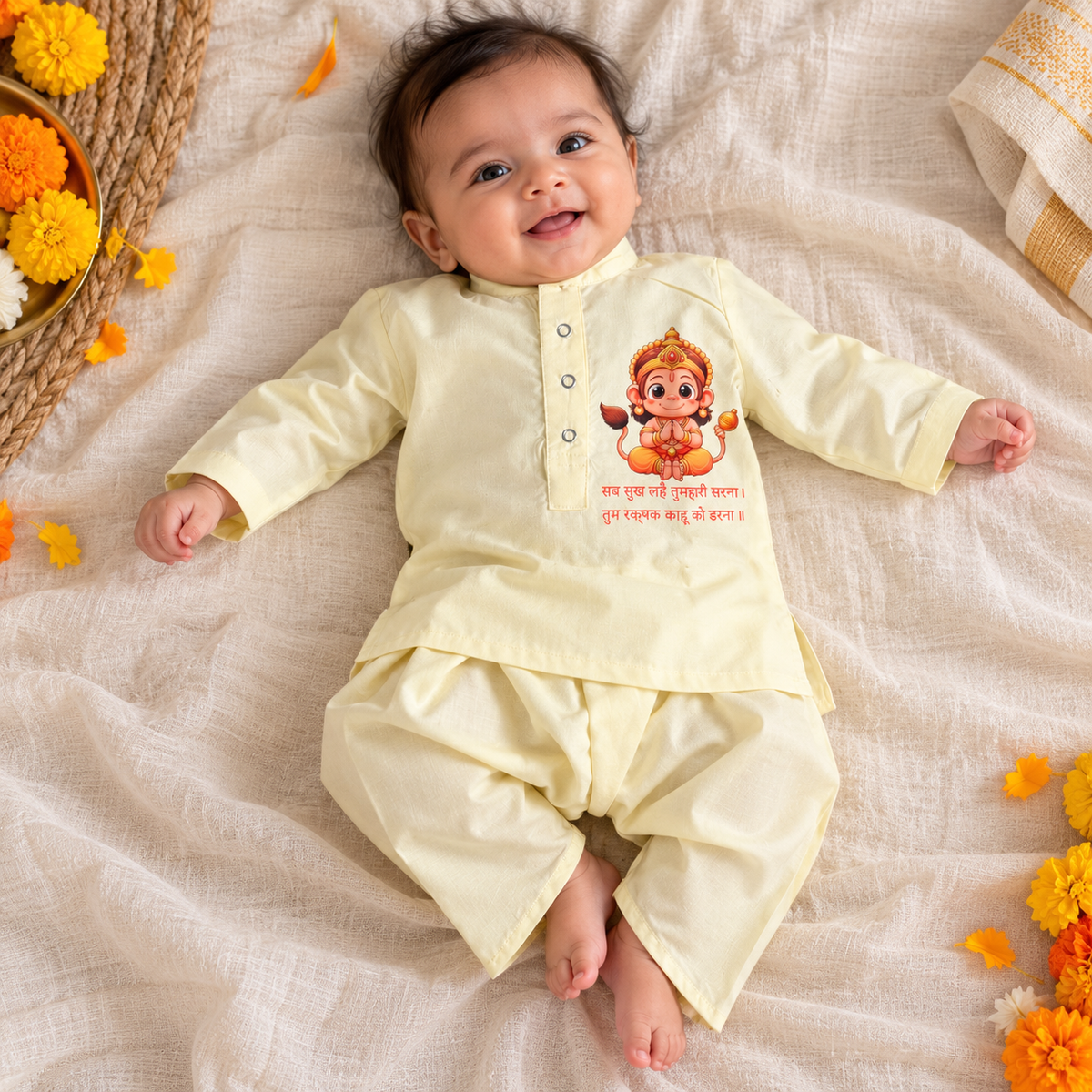Lord Hanuman Kurta & Dhoti Set Lime Yellow
