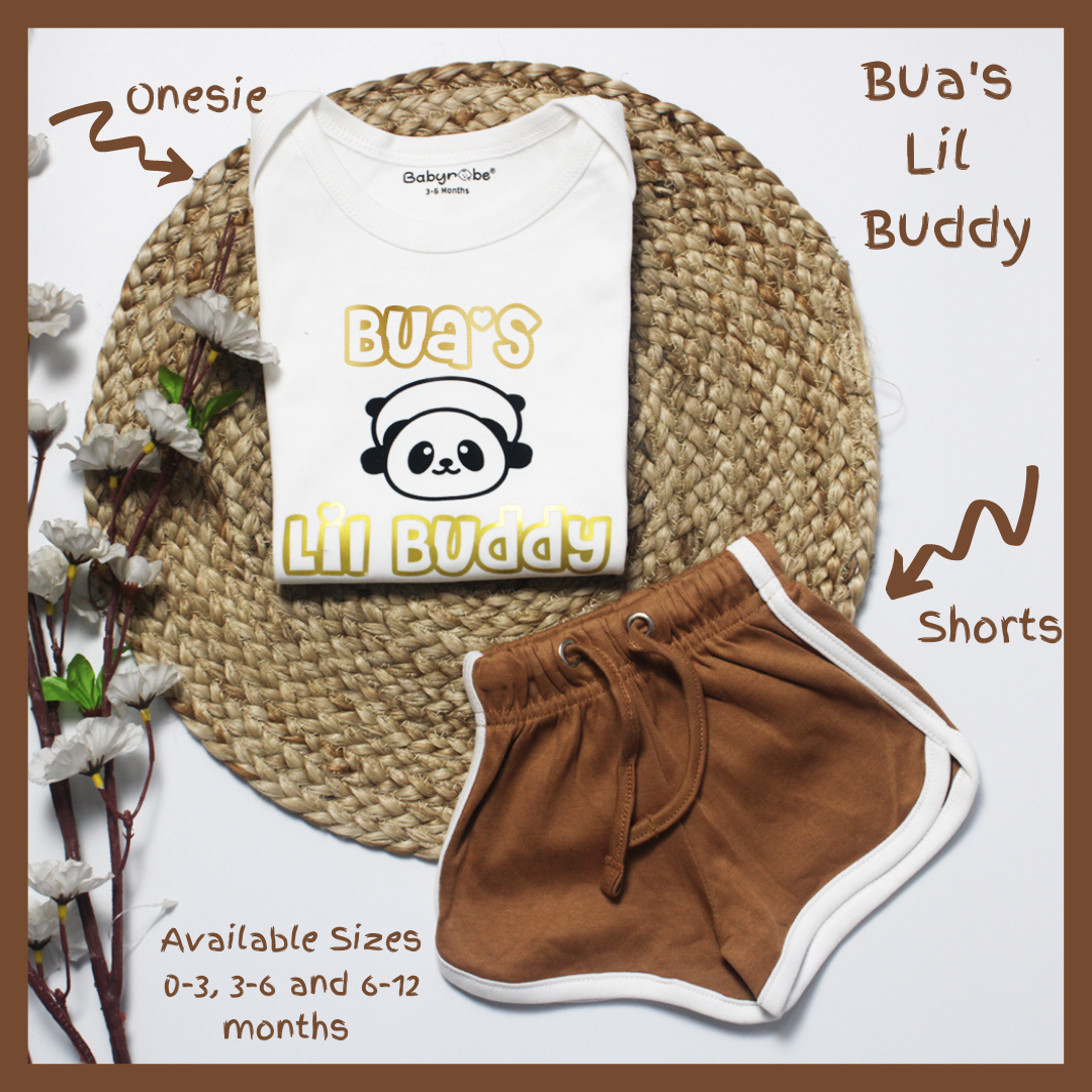 "Baby onesie & Shorts with personalized name for a design Bua's Lil Buddy."