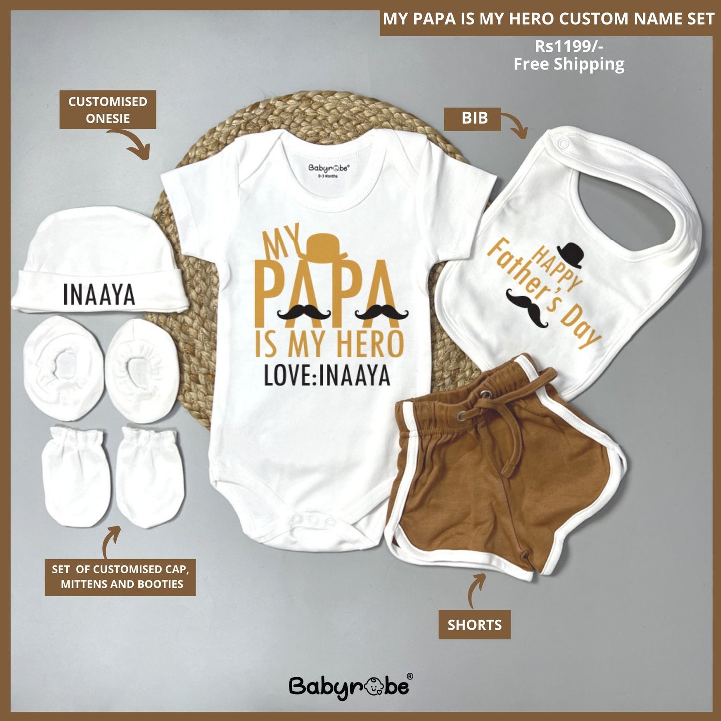 "Personalized onesie & Shorts , Bib , cap Set for baby, perfect for Father's Day."