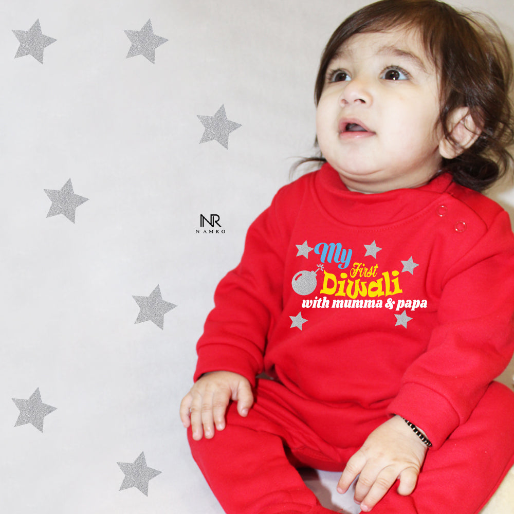 "Customizable first Diwali baby outfit with name."
