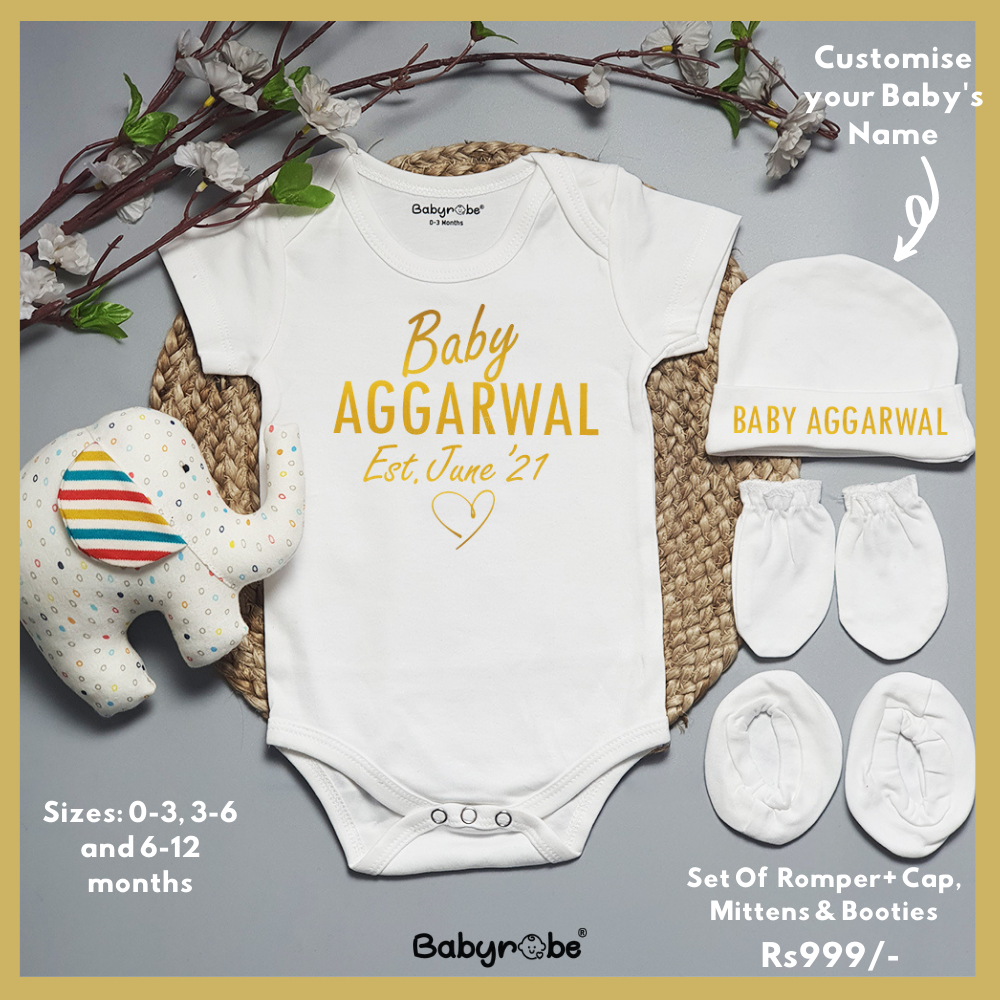 Baby Surname Est. Custom (Romper+Cap, Mittens & Booties)