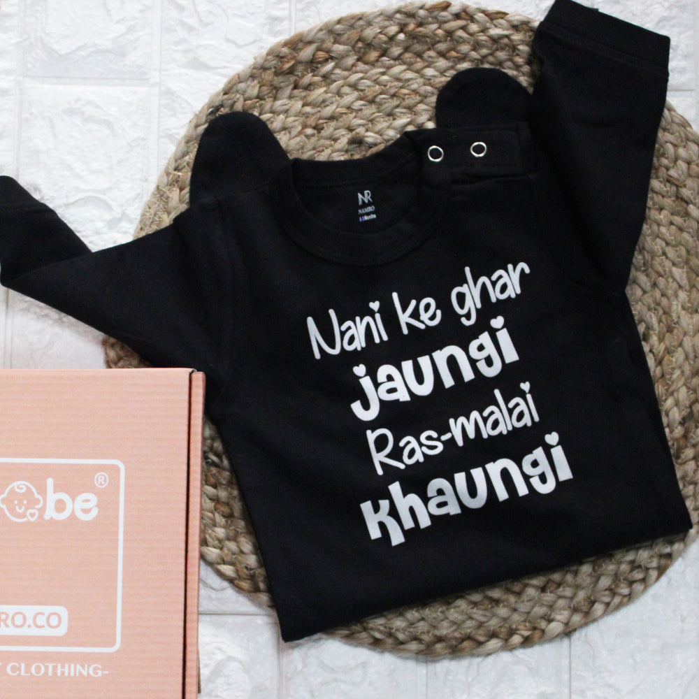 Nani Ke Ghar Jaungi Ras-Malai Khaungi (0-3 months Woollen Jumpsuit)