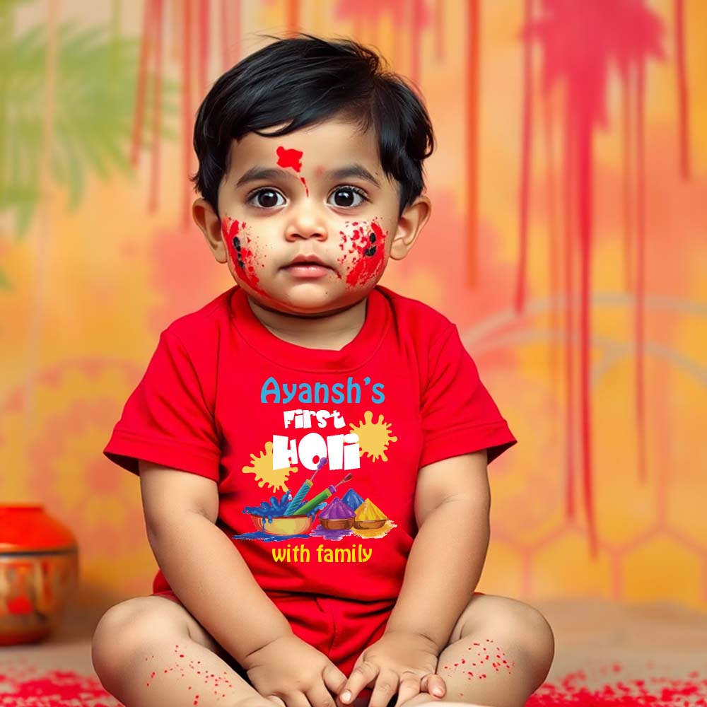 "Celebrate 1st Holi with a personalized baby onesie."
