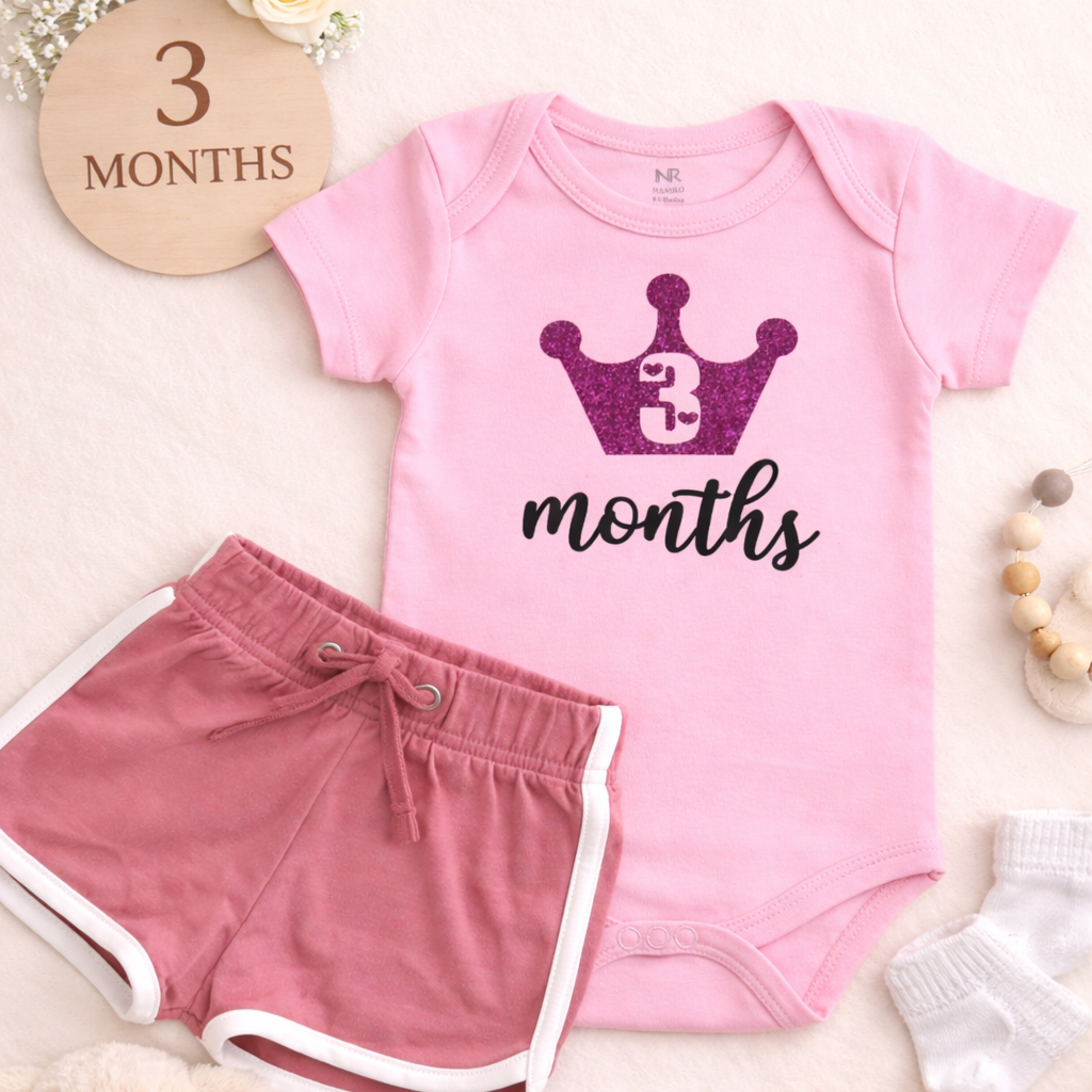 Baby outfit with pink '3 months' shirt and shorts on a light background