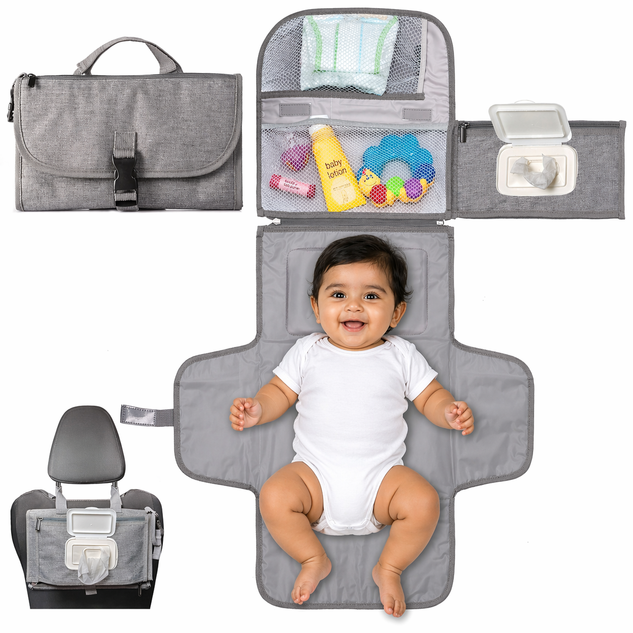 Multi-functional baby diaper changing station with baby on a white background