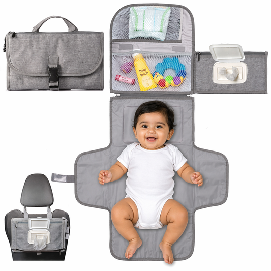 Multi-functional baby diaper changing station with baby on a white background