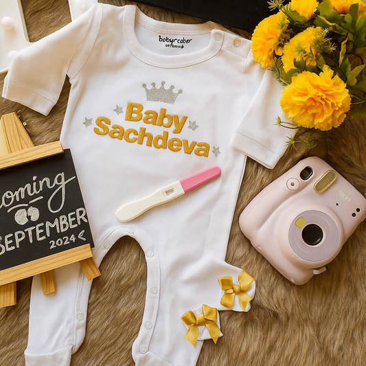 Baby onesie with 'Baby Sachdeva' printed on it, pregnancy test, camera, and flowers on a wooden surface.