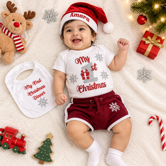 My First Christmas (Romper+Shorts+Christmas Cap+Bib)