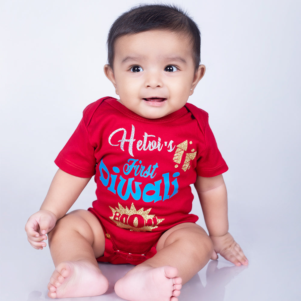 "Customizable  First Diwali baby outfit with name."
