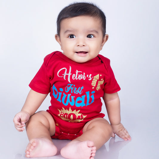 "Customizable  First Diwali baby outfit with name."
