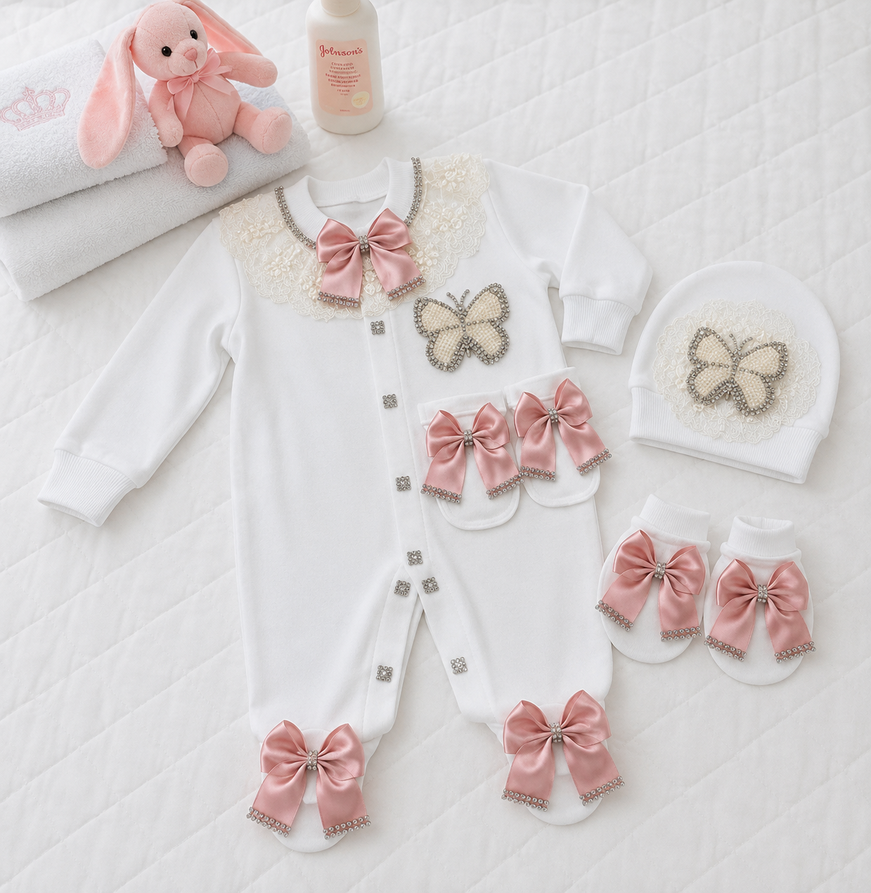 Baby outfit set with pink bows and butterfly designs on a white background
