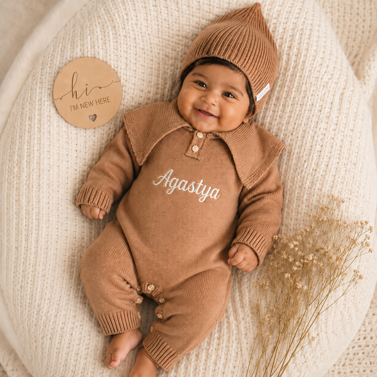 Knitted Apricot Collar Jumpsuit+Cap