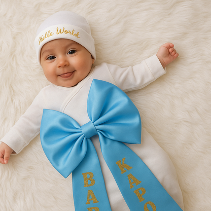 Baby wearing a white outfit with a blue bow and 'Hello World' hat on a soft surface
