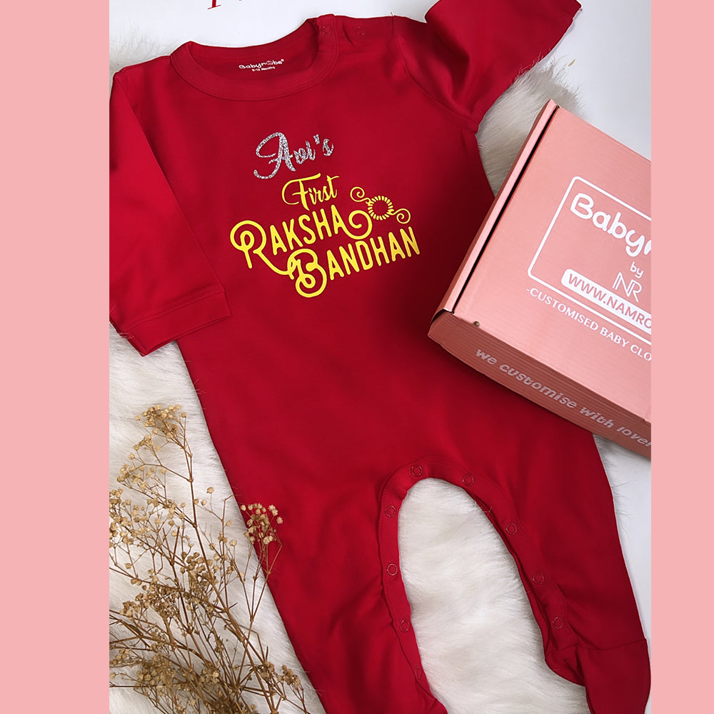 "Celebrate First Rakhi  with a personalized baby Jumpsuit ."