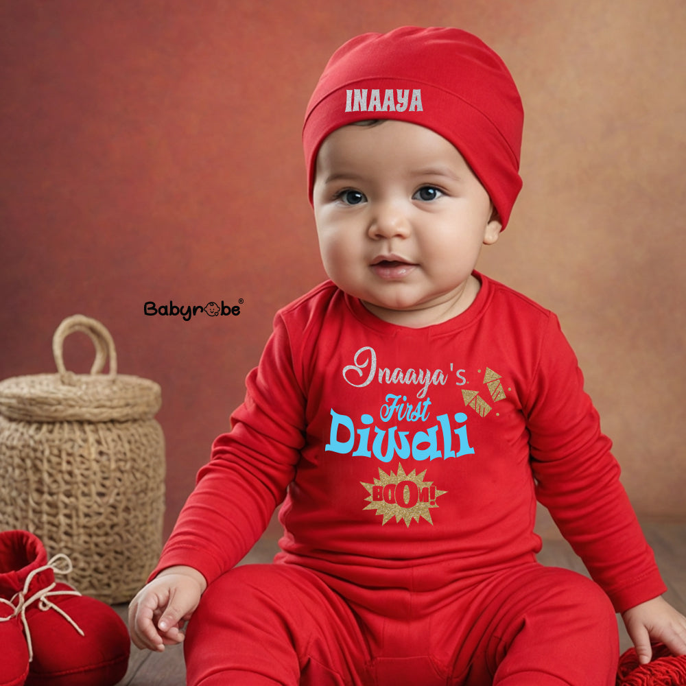 "Custom baby Jumpsuit set with name and Diwali design." 