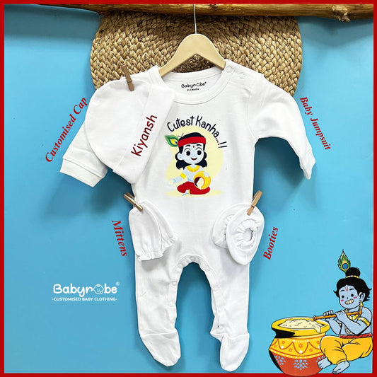 "Custom baby Jumpsuit Set with name and special Janmashtami."