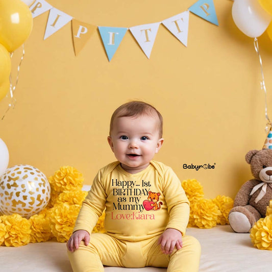 "Baby Organic Jumpsuit with personalized name for a Happy 1st Birthday."
