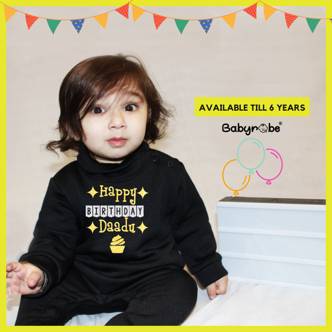 "Custom name Happy Birthday DAADU jumpsuit for your little one."
