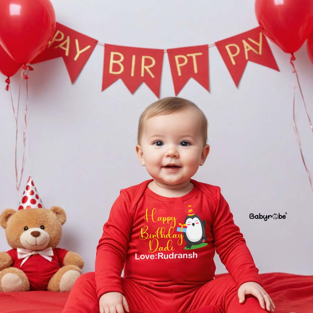 "Personalized baby jumpsuit with custom name and design Happy Birthday Dadi."