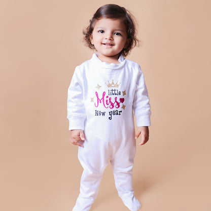 "Personalized baby jumpsuit with custom name and Little Miss design."
