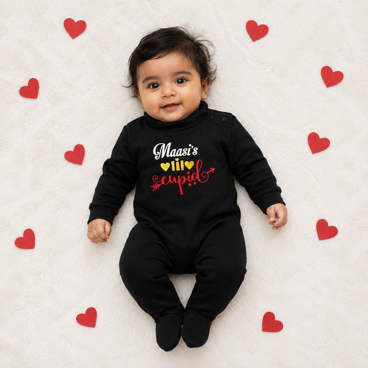 Baby wearing a black outfit with colorful text, surrounded by red hearts on a white background