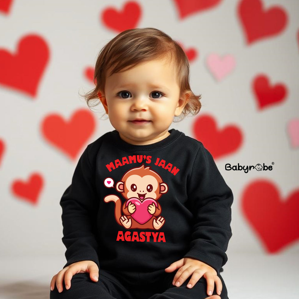 "Personalized baby jumpsuit with custom name and playful design."
