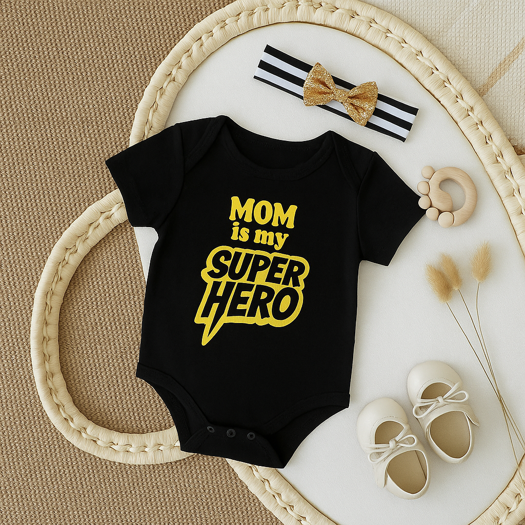 "Cute baby romper with a custom graphic and soft cotton fabric."