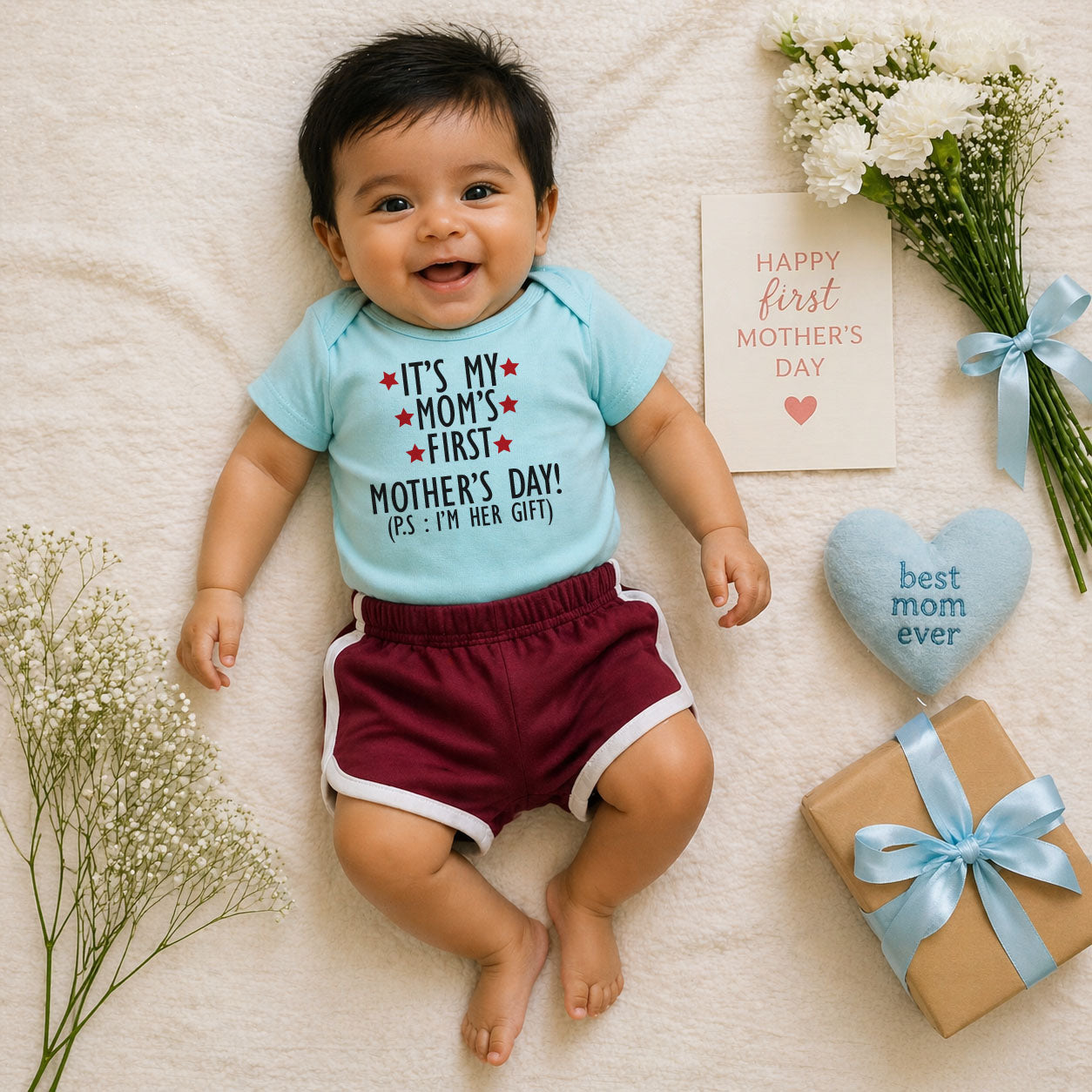 Baby wearing a 'First Mother's Day' shirt with flowers, card, and gift on a light background