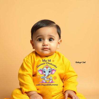 "Custom name 1st Ganesh Chaturthi jumpsuit for your little one."
