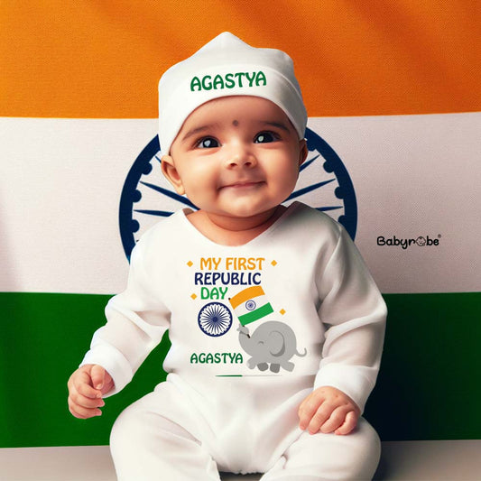 "Custom name Republic Day jumpsuit set for your little one."