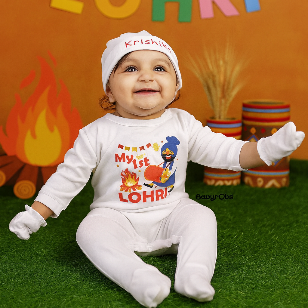 Baby wearing a 'My First Lohri' outfit with colorful decorations in the background.