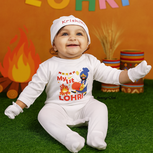 Baby wearing a 'My First Lohri' outfit with colorful decorations in the background.