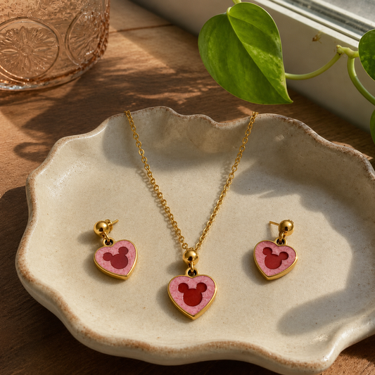 Pink Mickey Heart Toddler Pendant Set | 18K Gold Plated