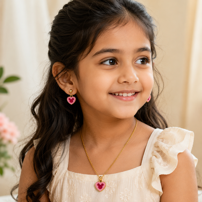 Pink Mickey Heart Toddler Pendant Set | 18K Gold Plated