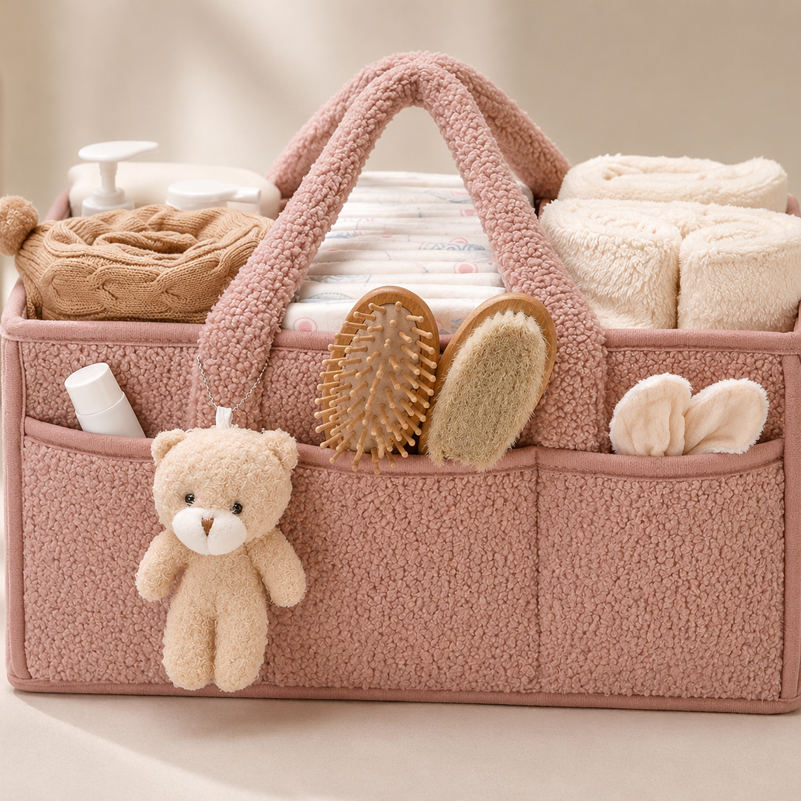 Pink baby caddy with baby items including a teddy bear, on a light background