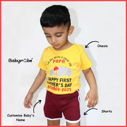 "Baby onesie & Shorts Set with personalized name for a special Father's Day."
