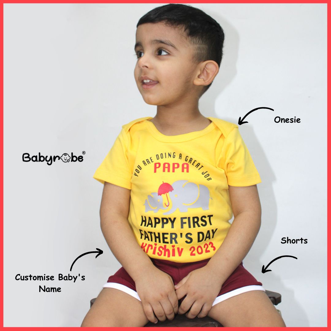 Personalized baby onesie & Shorts Set for Father's Day with custom name."
