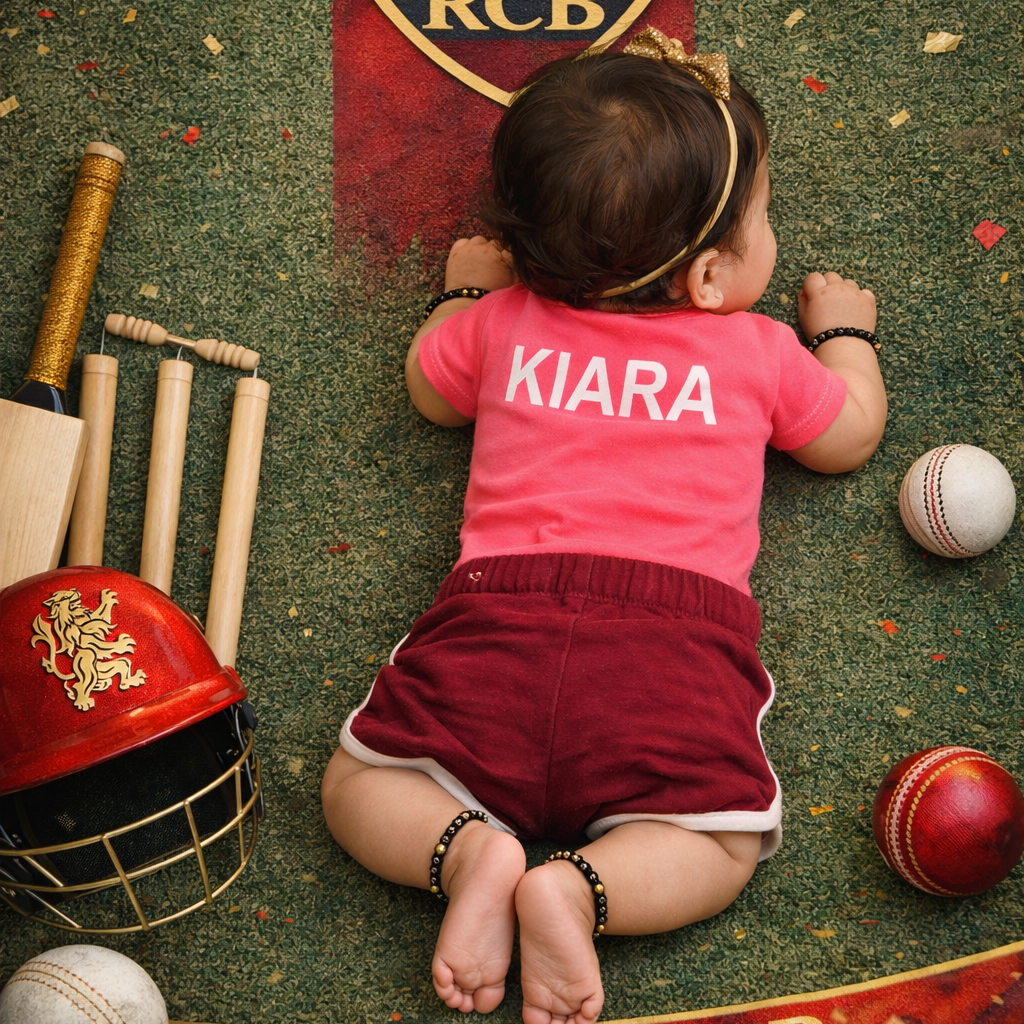 Baby lying on a carpet with cricket equipment and RCB logo
