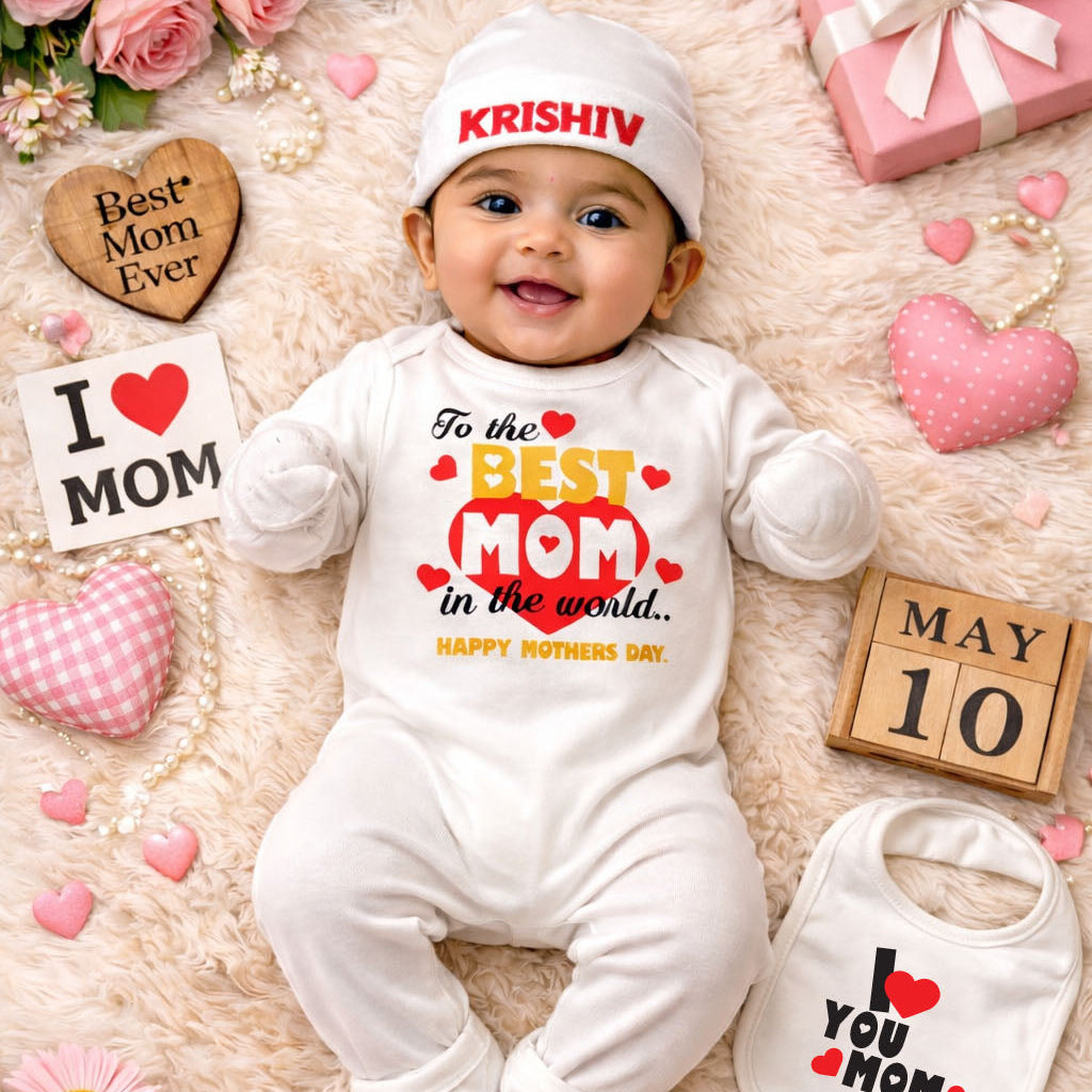 Baby in a 'Best Mom' themed outfit surrounded by flowers, cards, and decorative items.