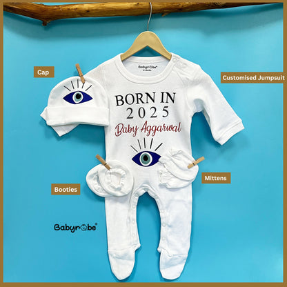 "Custom baby onesie with custom message and colorful design, new born homecoming set evil eye gift."