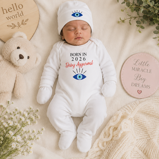 Newborn baby in a white outfit with text, surrounded by decorative items on a soft surface.