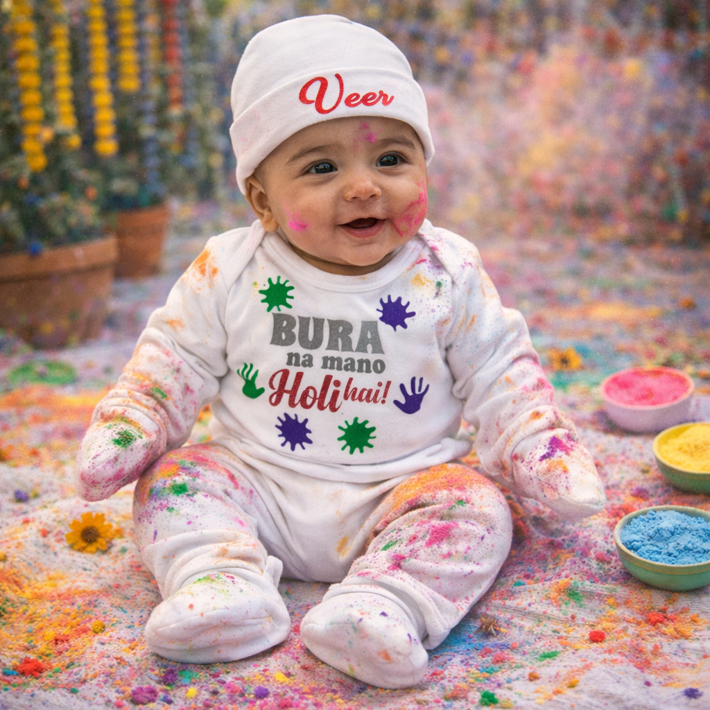 Baby in a colorful setting with Holi powder, wearing a onesie with text and a cap.