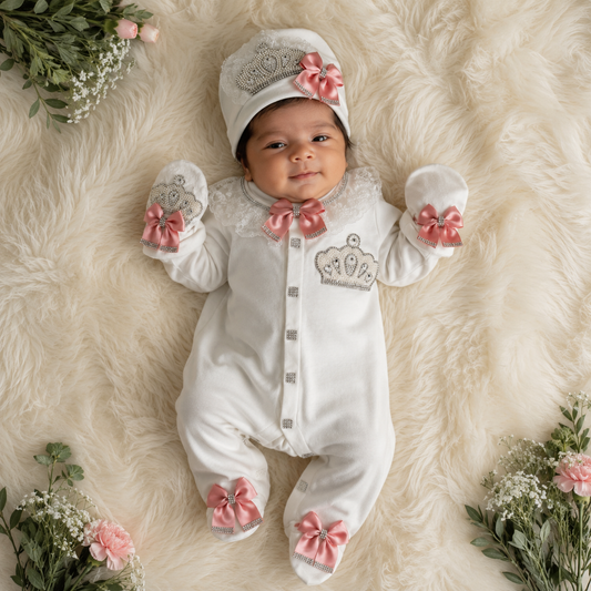 Baby in a white outfit with pink bows and a tiara on a fluffy white surface surrounded by flowers.