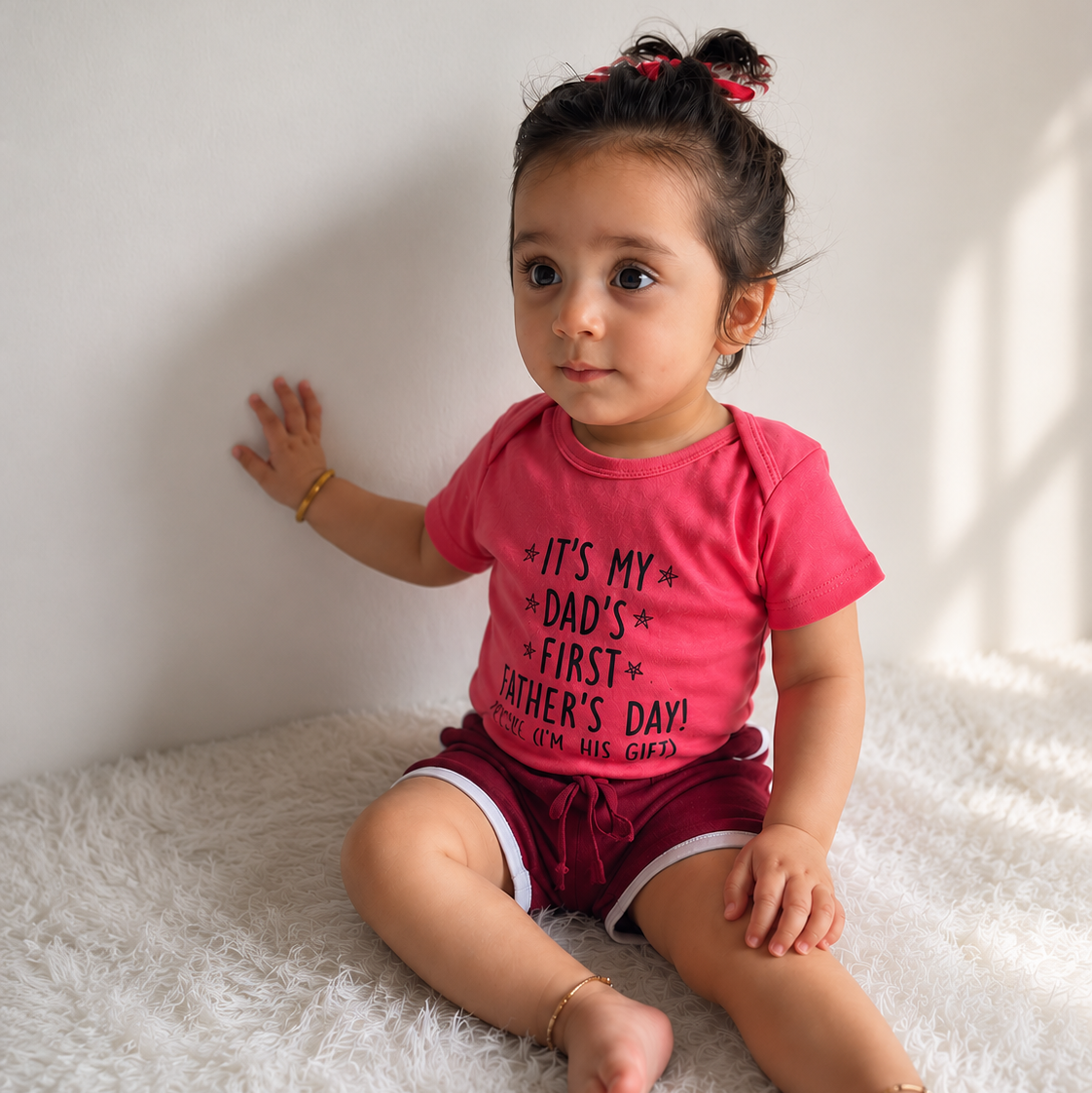 Child wearing a pink shirt with text sitting on a white surface